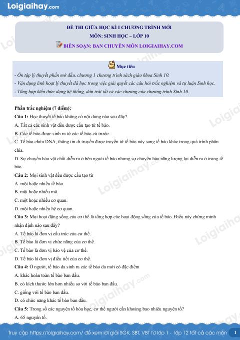 Đề thi giữa kì 1 Sinh 10 Kết nối tri thức - Đề số 10